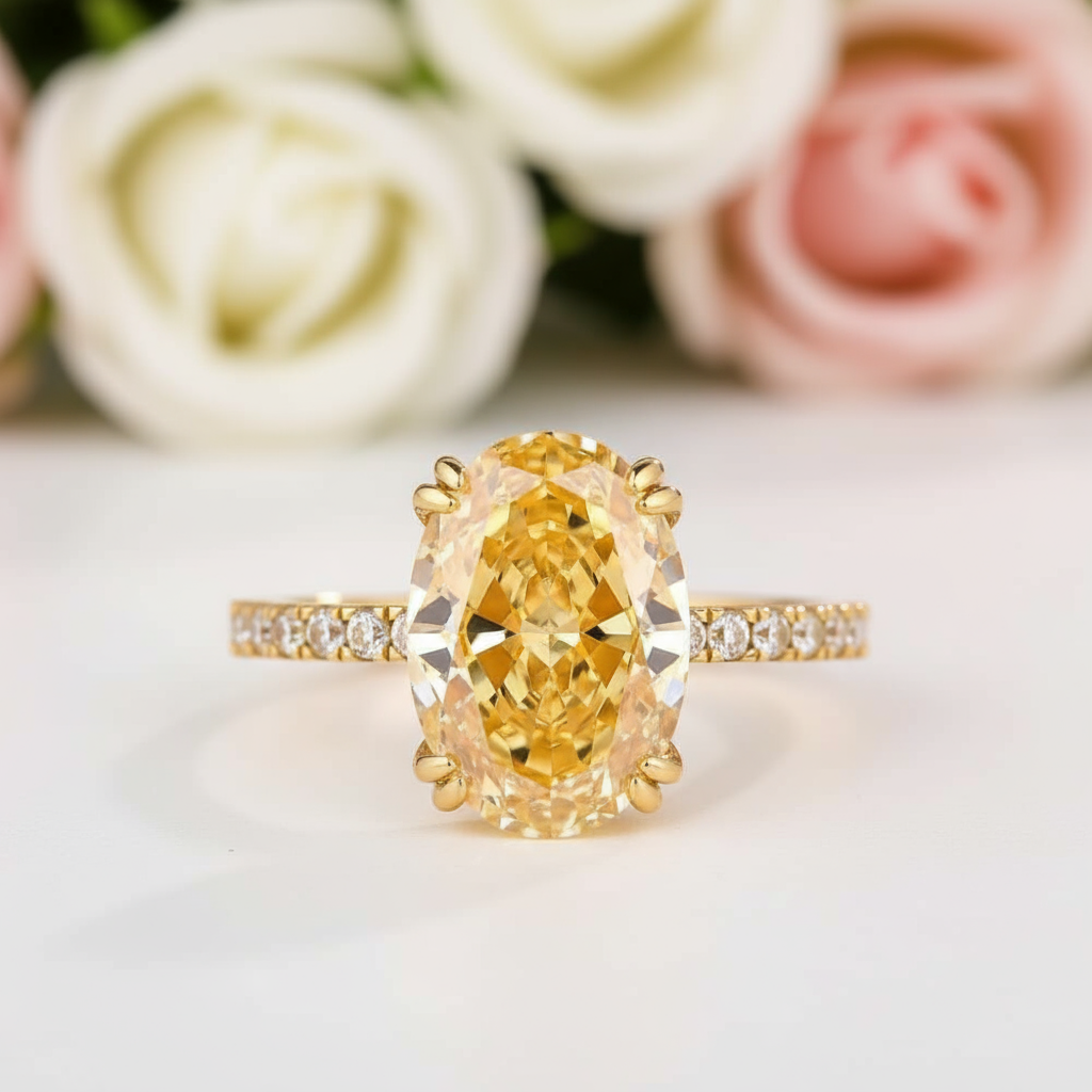 Yellow Gold Oval Cut Simulated Diamond Engagement Ring-Black Diamonds New York