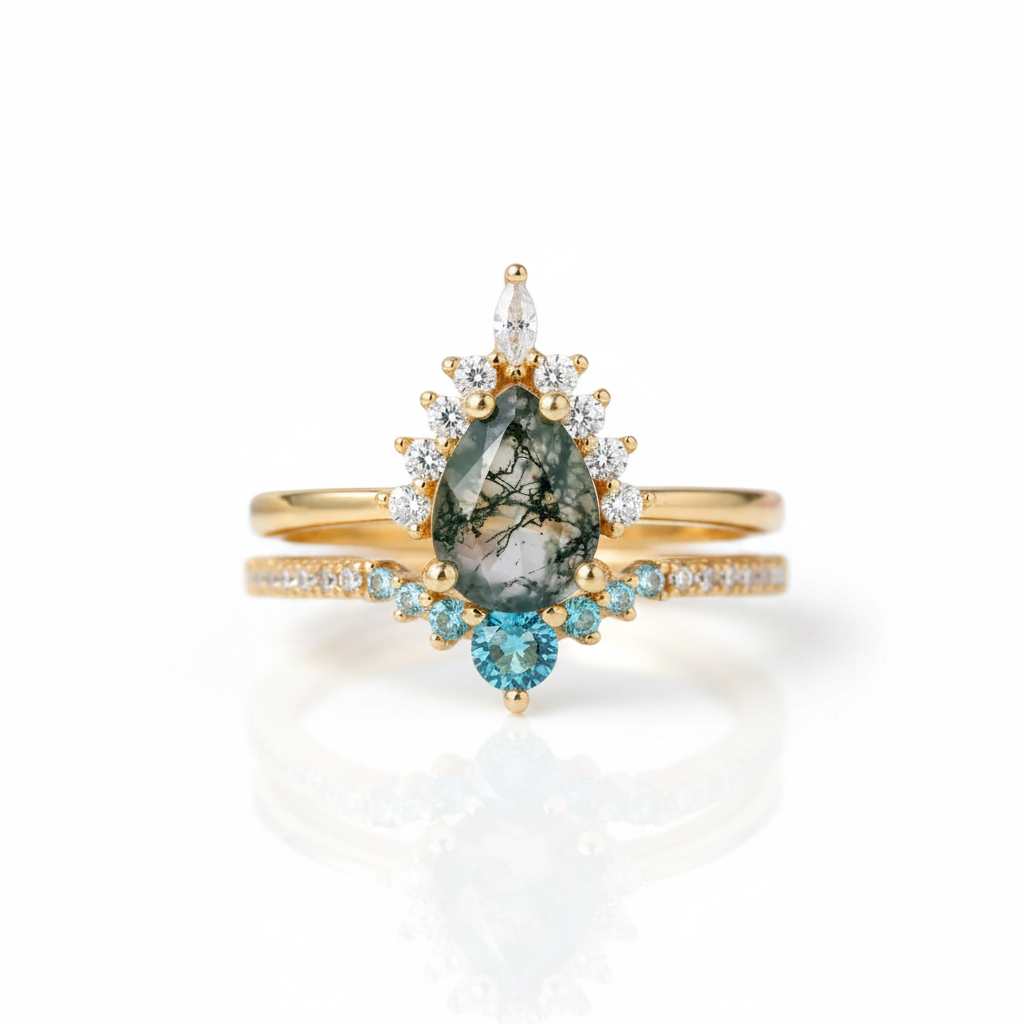 Yellow Gold Pear-cut Natural Moss Agate Vintage Inspired Wedding Rings-Black Diamonds New York