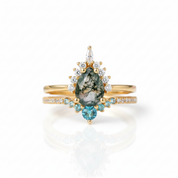 Yellow Gold Pear-cut Natural Moss Agate Vintage Inspired Wedding Rings-Black Diamonds New York