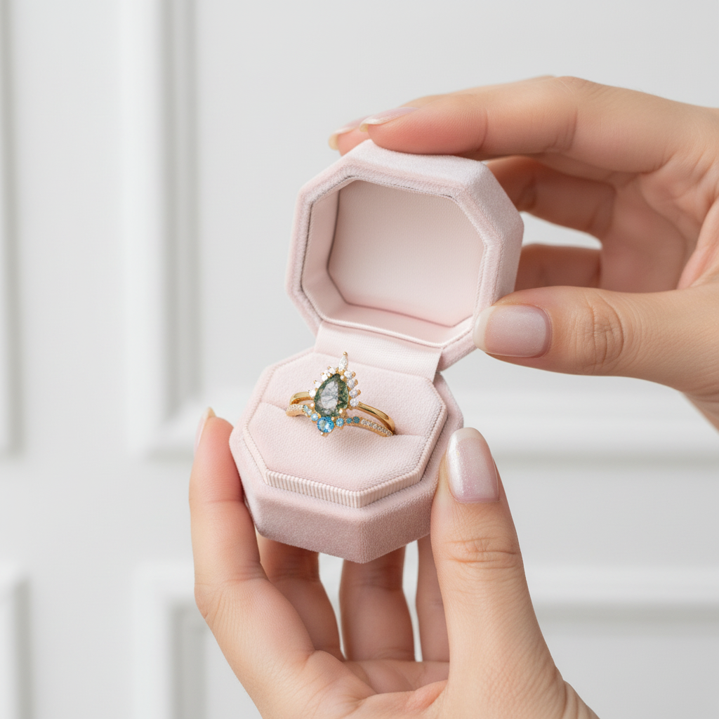 Yellow Gold Pear-cut Natural Moss Agate Vintage Inspired Wedding Rings-Black Diamonds New York