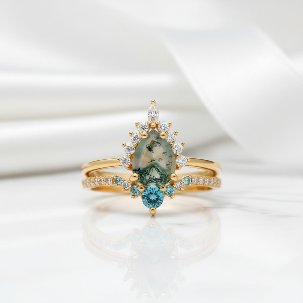 Yellow Gold Pear-cut Natural Moss Agate Vintage Inspired Wedding Rings-Black Diamonds New York