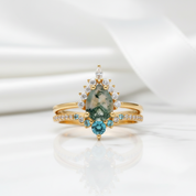 Yellow Gold Pear-cut Natural Moss Agate Vintage Inspired Wedding Rings-Black Diamonds New York