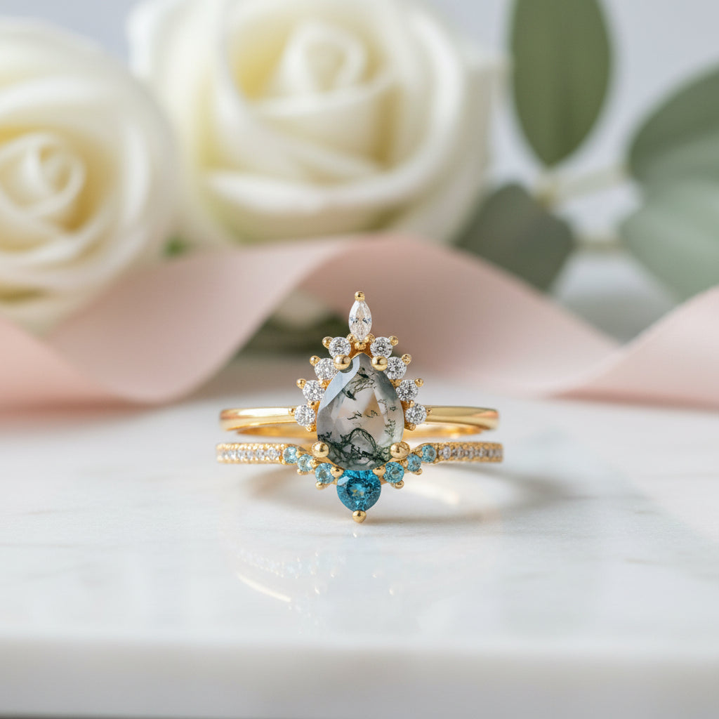 Yellow Gold Pear-cut Natural Moss Agate Vintage Inspired Wedding Rings-Black Diamonds New York