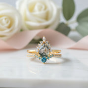 Yellow Gold Pear-cut Natural Moss Agate Vintage Inspired Wedding Rings-Black Diamonds New York