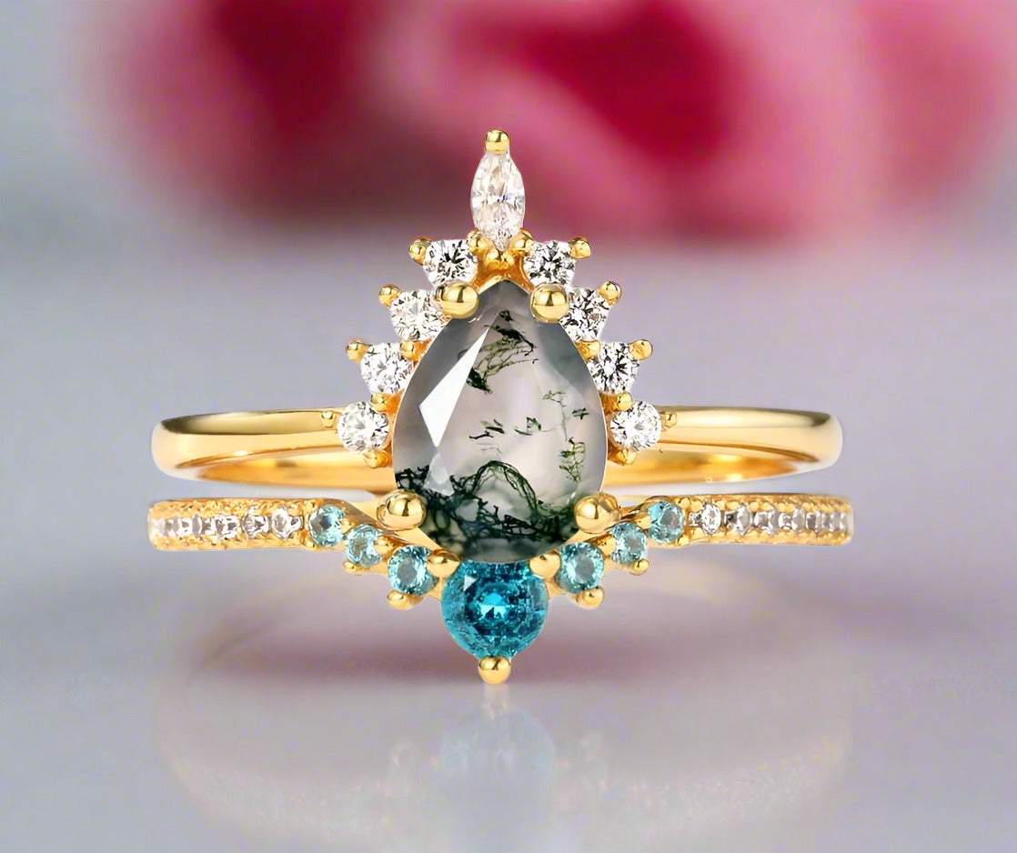 Yellow Gold Pear-cut Natural Moss Agate Vintage Inspired Wedding Rings-Black Diamonds New York