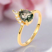 Yellow Gold Pear-cut Natural Moss Agate Vintage Inspired Wedding Rings-Black Diamonds New York