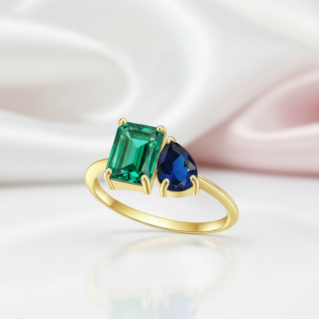 Yellow Gold Emerald & Pear Cut Solitaire Engagement Ring-Black Diamonds New York