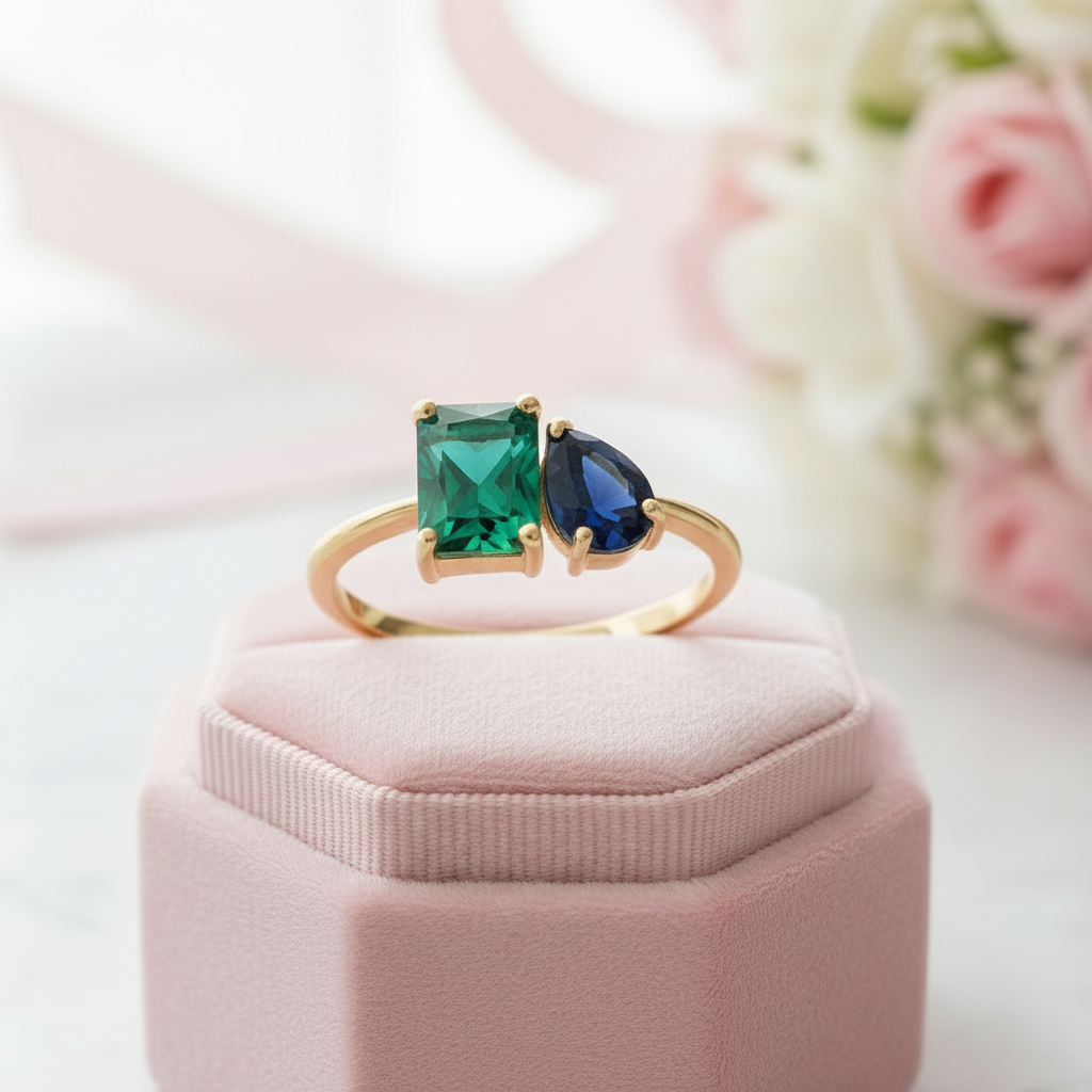 Yellow Gold Emerald & Pear Cut Solitaire Engagement Ring-Black Diamonds New York