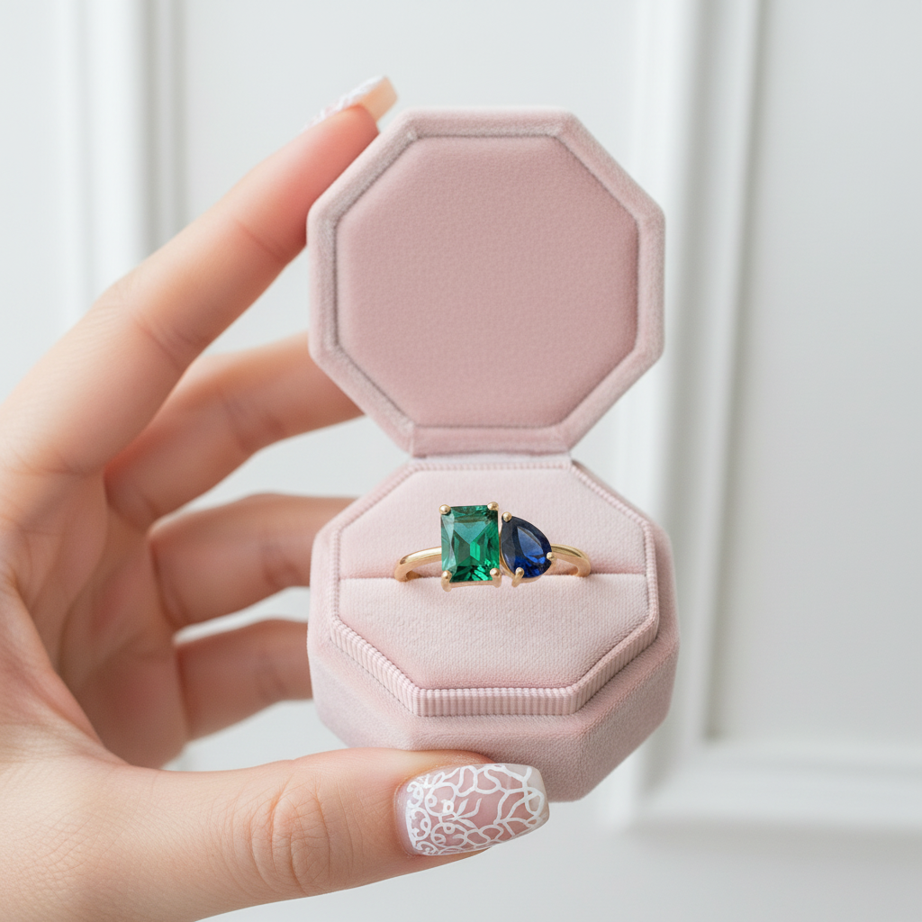 A hand with white floral nail art holds an open light pink octagonal ring box containing a gold ring with a green rectangular gemstone and a blue teardrop gemstone, against a soft white paneled background.