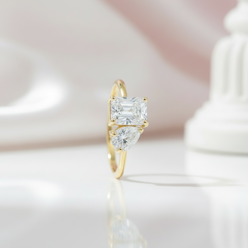 Yellow Gold Emerald & Pear Cut Solitaire Engagement Ring-Black Diamonds New York