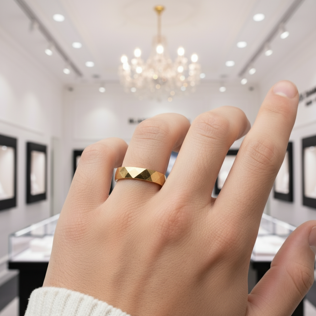 Yellow Gold Rhombus Tungsten Men's Wedding Band-Black Diamonds New York