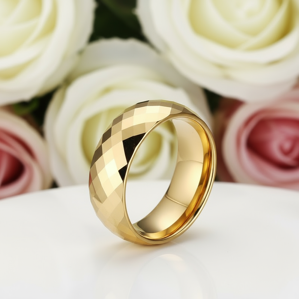 Yellow Gold Rhombus Tungsten Men's Wedding Band-Black Diamonds New York