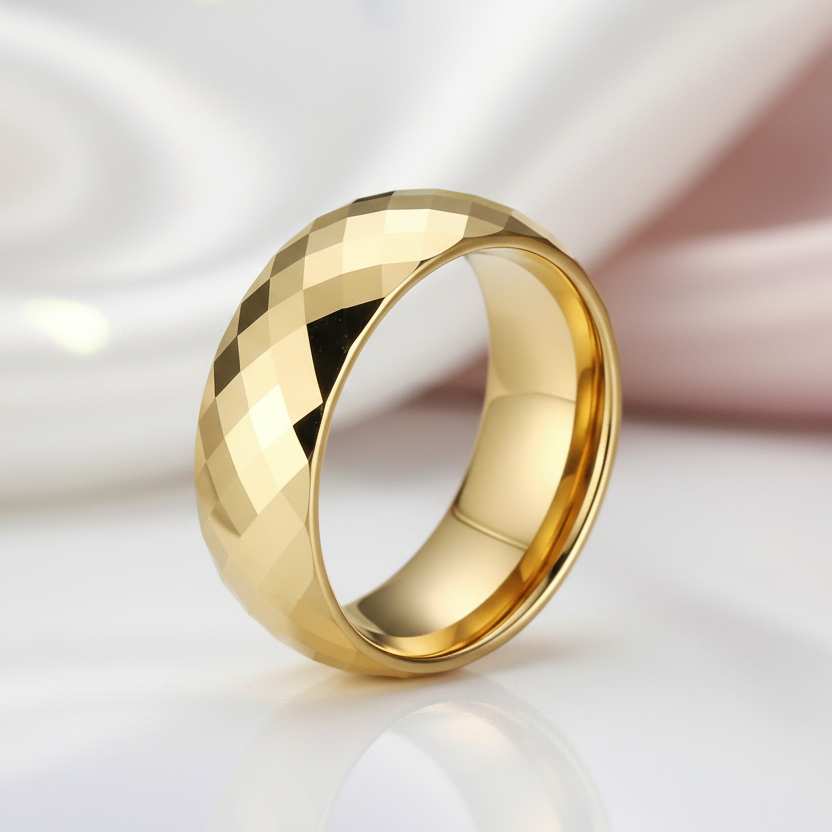 Yellow Gold Rhombus Tungsten Men's Wedding Band-Black Diamonds New York
