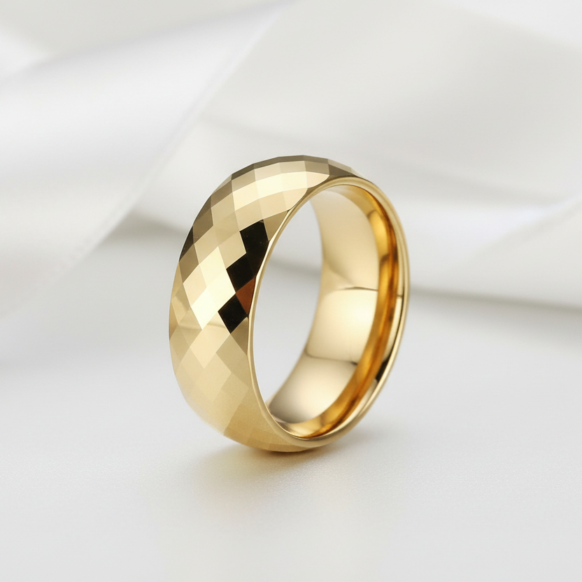 Yellow Gold Rhombus Tungsten Men's Wedding Band-Black Diamonds New York