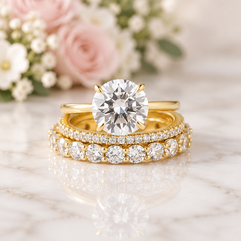 Yellow Gold Round Cut 3PC Wedding Ring Set-Black Diamonds New York