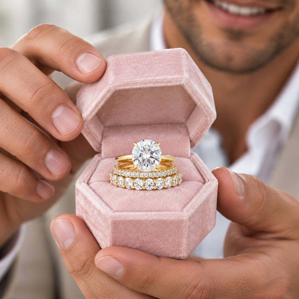 A close-up lifestyle shot of a man holding an open pink velvet ring box. Inside, a gold ring with a large round-cut diamond and a matching diamond band are displayed.