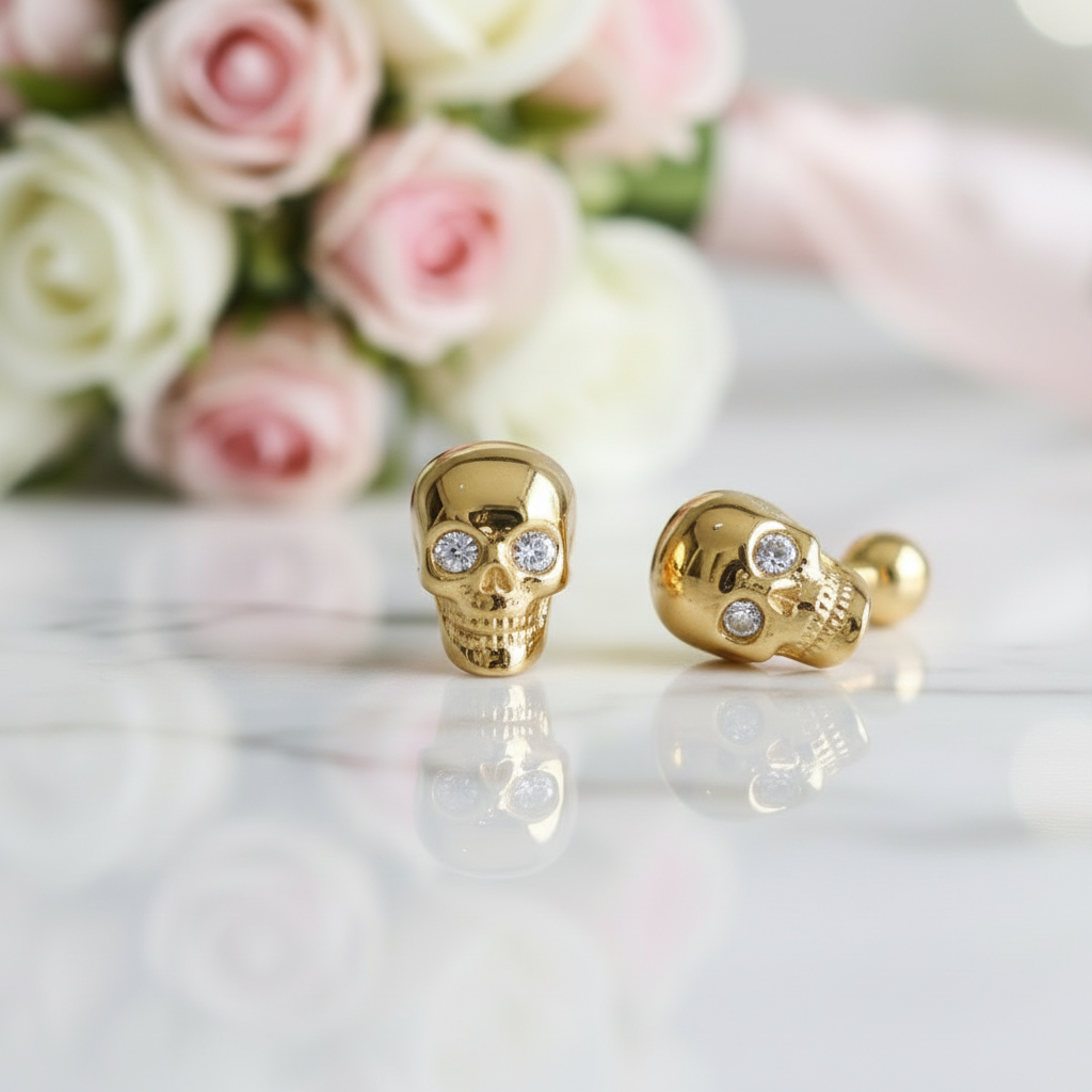 Yellow Gold Skull Diamond Screw Stud Earrings-Black Diamonds New York