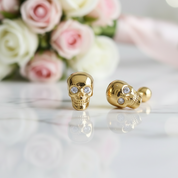 Yellow Gold Skull Diamond Screw Stud Earrings-Black Diamonds New York
