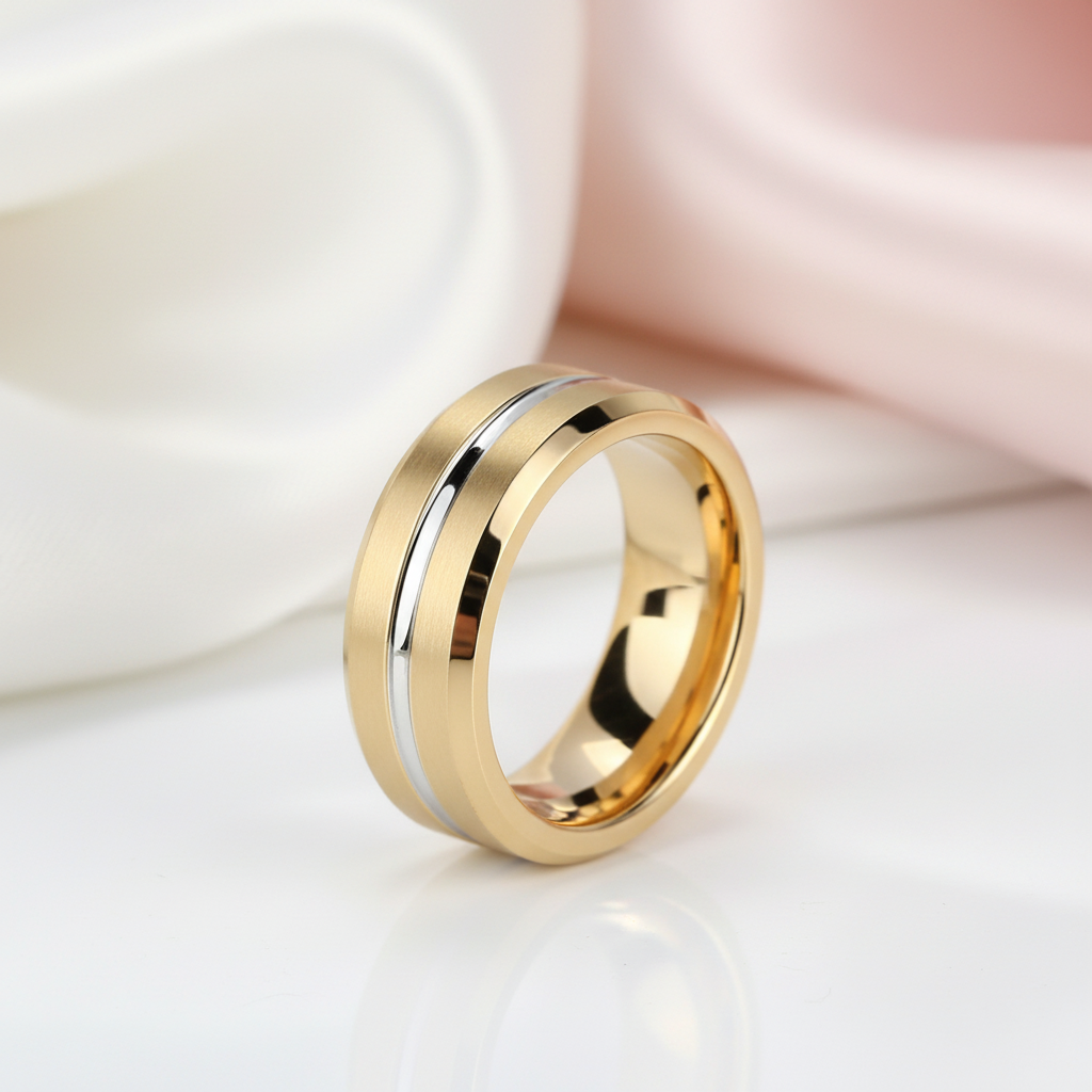 Yellow Gold Tungsten Men's Wedding Band-Black Diamonds New York