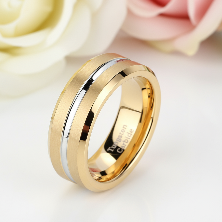 Yellow Gold Tungsten Men's Wedding Band-Black Diamonds New York