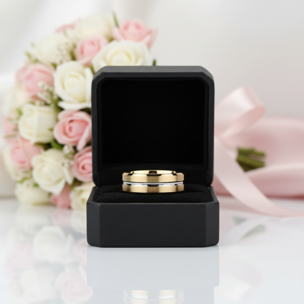 Yellow Gold Tungsten Men's Wedding Band-Black Diamonds New York