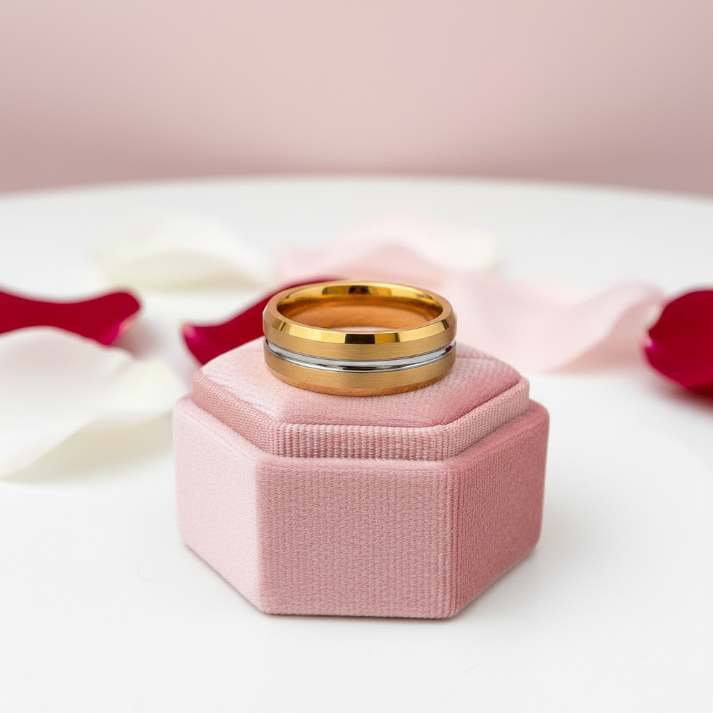 Yellow Gold Tungsten Men's Wedding Band-Black Diamonds New York