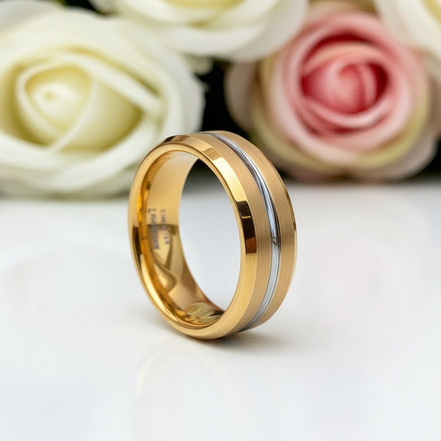 Yellow Gold Tungsten Men's Wedding Band-Black Diamonds New York