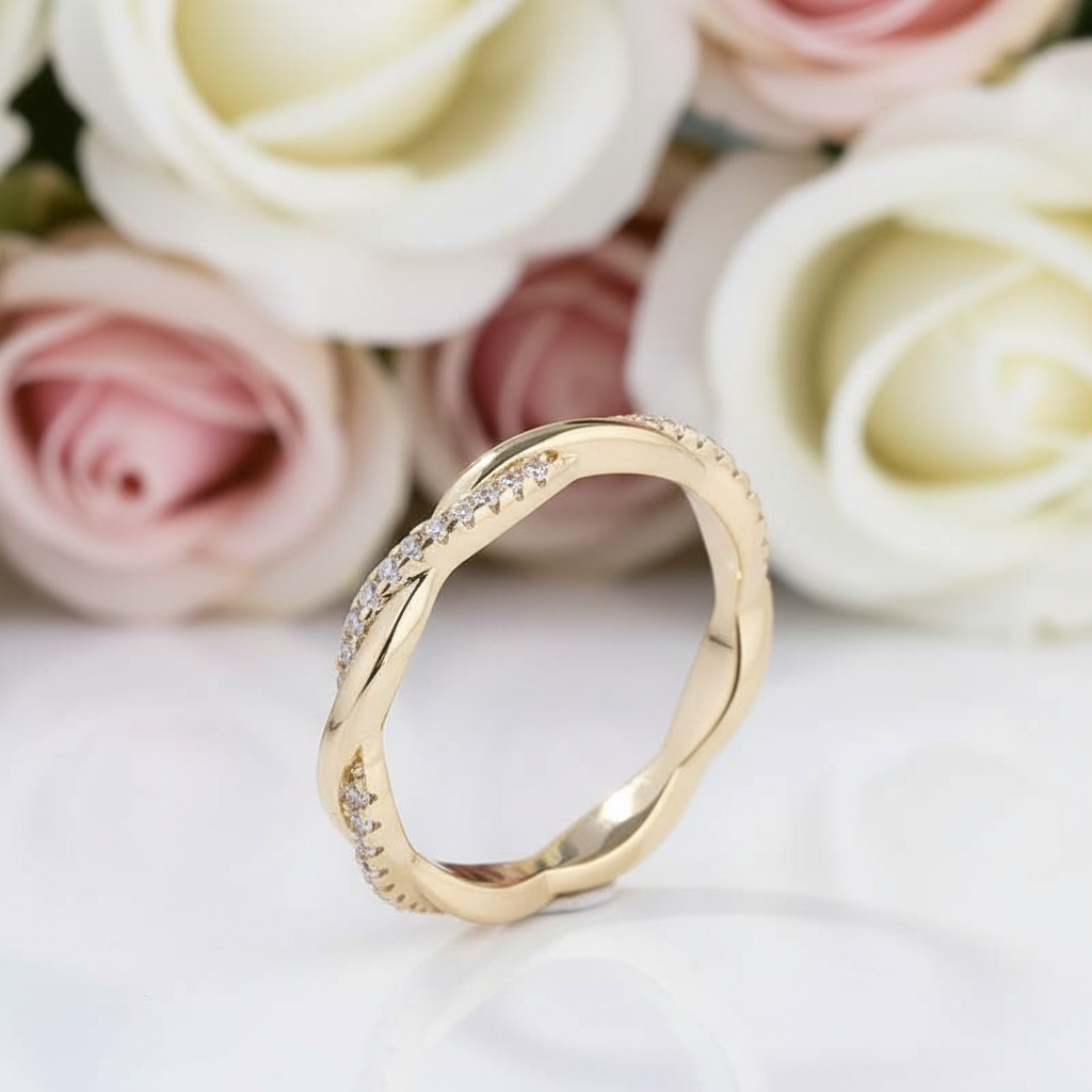 Yellow Gold Twist Infinity Wedding Ring Band-Black Diamonds New York
