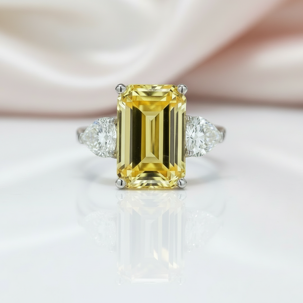 Yellow Sapphire 4.0ct Emerald Cut Three Stone Engagement Ring-Black Diamonds New York
