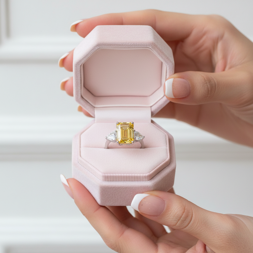 Yellow Sapphire 4.0ct Emerald Cut Three Stone Engagement Ring-Black Diamonds New York