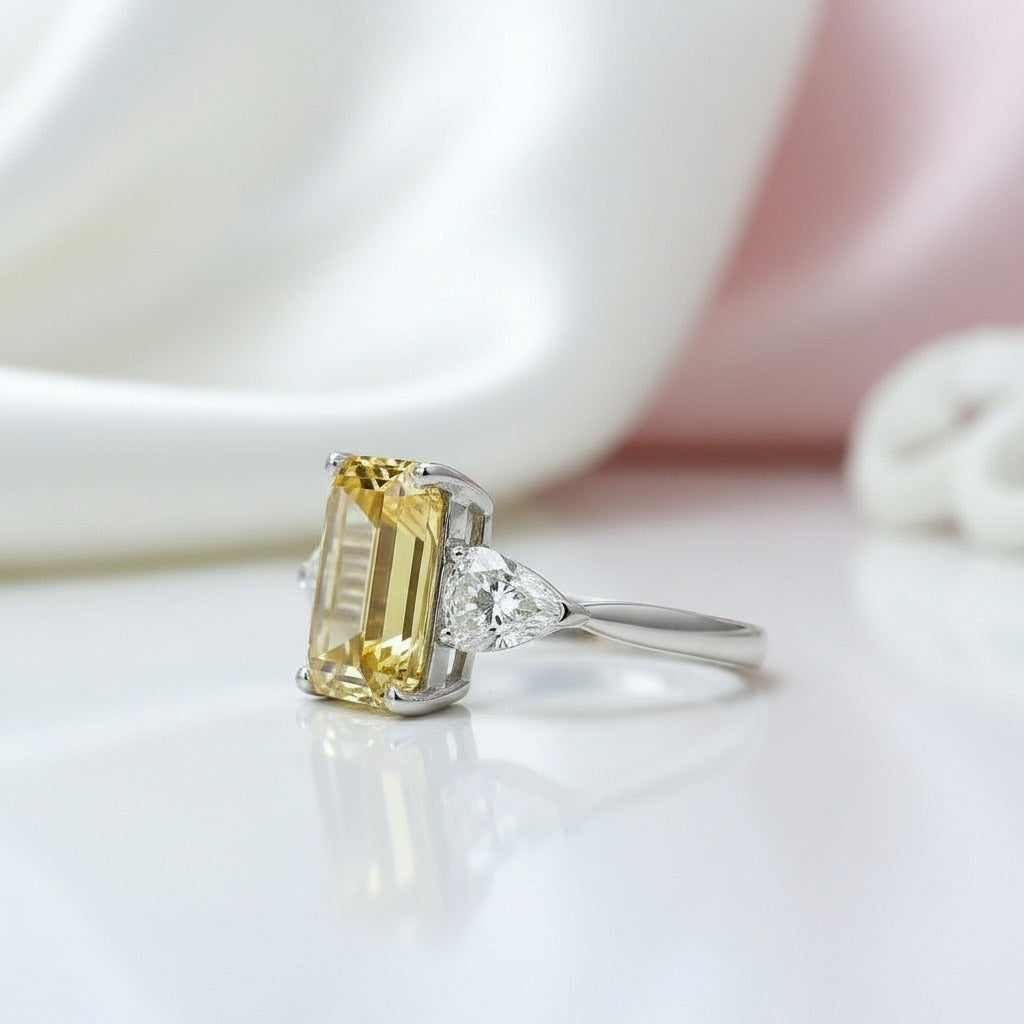 Yellow Sapphire 4.0ct Emerald Cut Three Stone Engagement Ring-Black Diamonds New York