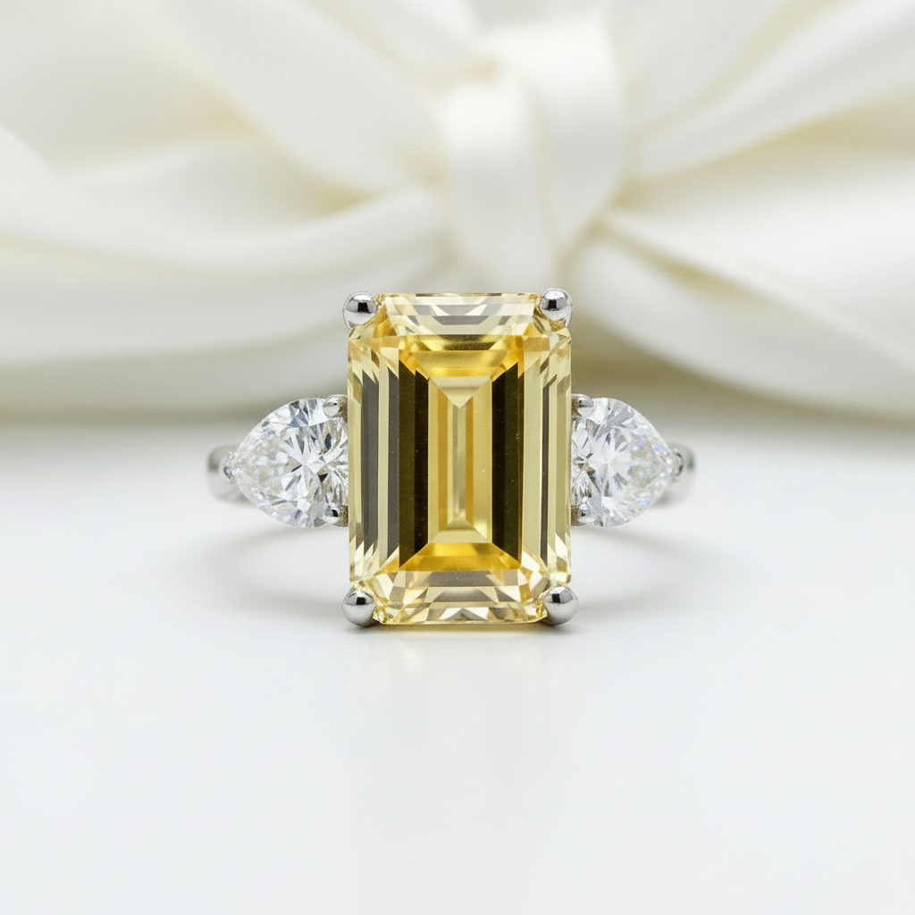 Yellow Sapphire 4.0ct Emerald Cut Three Stone Engagement Ring-Black Diamonds New York