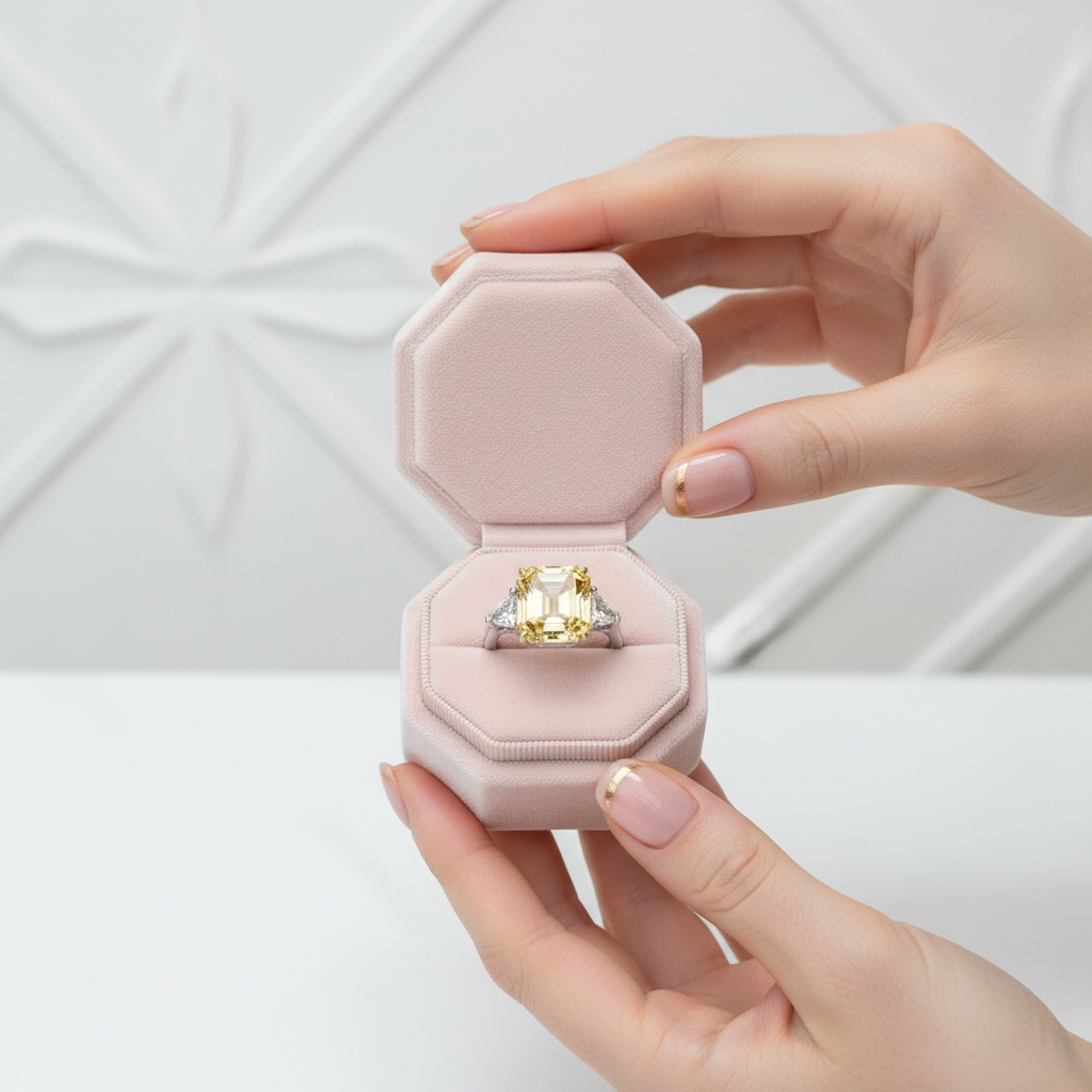 Yellow Sapphire Asscher Cut Three Stone Engagement Ring