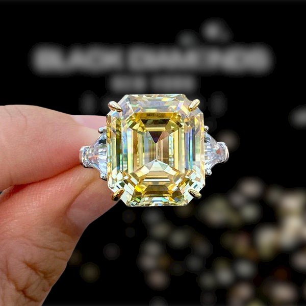 Flash Sale - Yellow Sapphire Asscher Cut Three Stone Engagement Ring-Black Diamonds New York