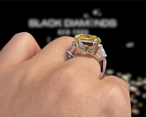 Flash Sale - Yellow Sapphire Asscher Cut Three Stone Engagement Ring-Black Diamonds New York
