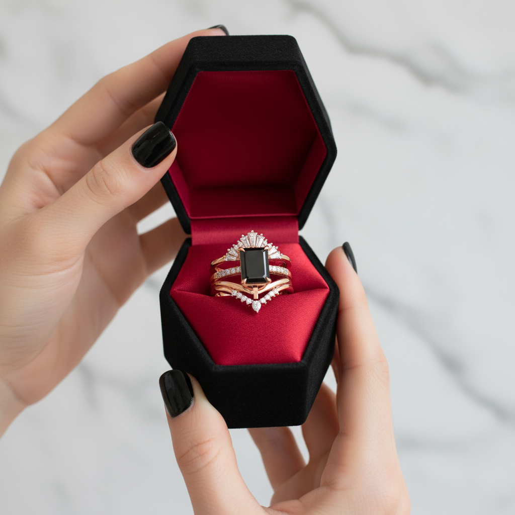 You Are Worth It- Black Emerald Cut Diamond Option Gothic Promise Ring Set-Black Diamonds New York