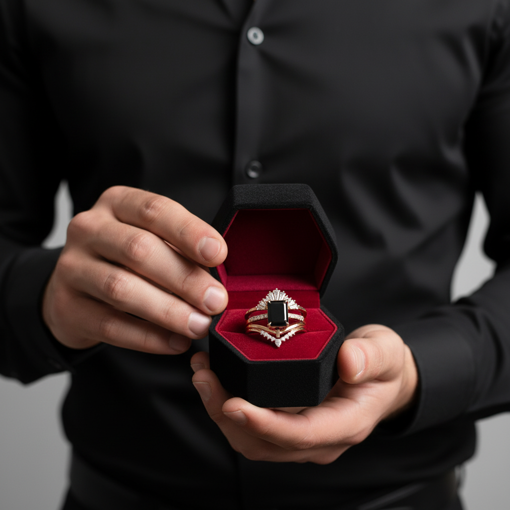 You Are Worth It- Black Emerald Cut Diamond Option Gothic Promise Ring Set-Black Diamonds New York