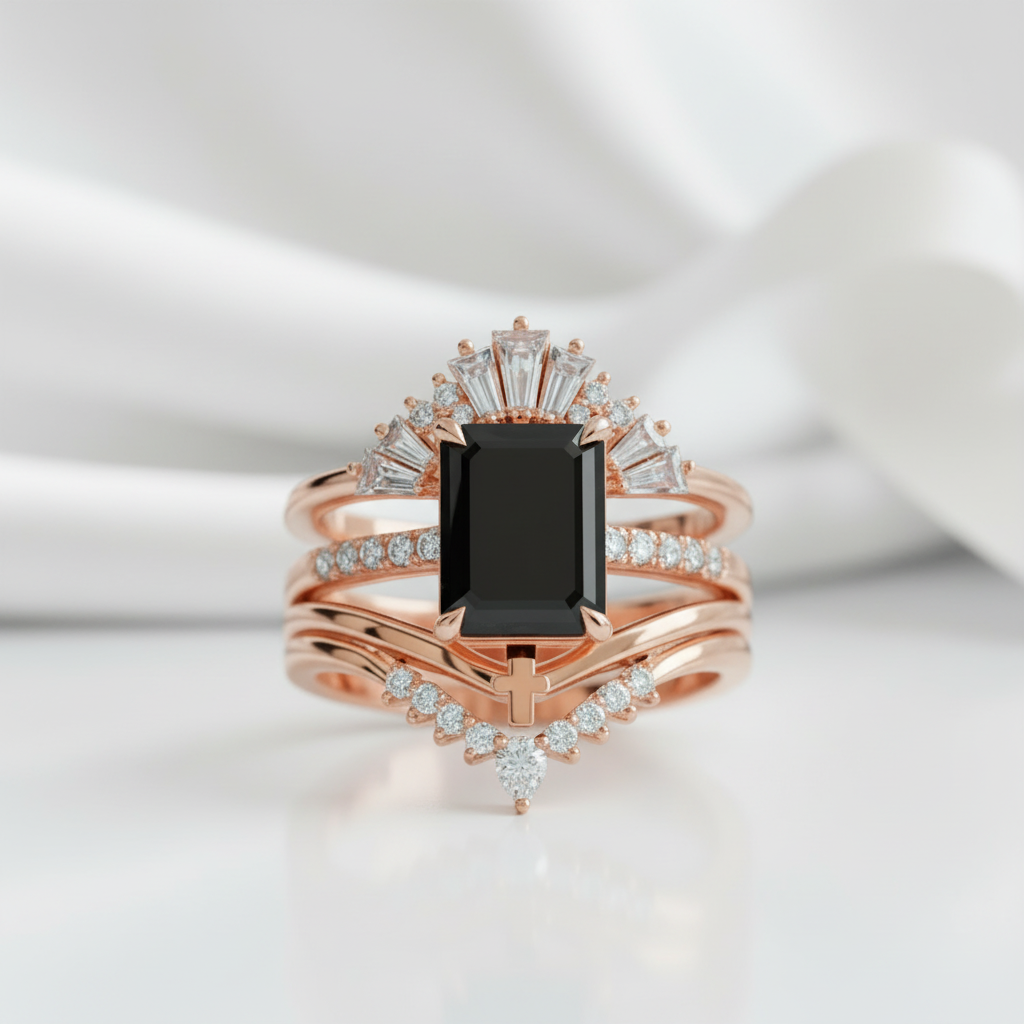 You Are Worth It- Black Emerald Cut Diamond Option Gothic Promise Ring Set-Black Diamonds New York