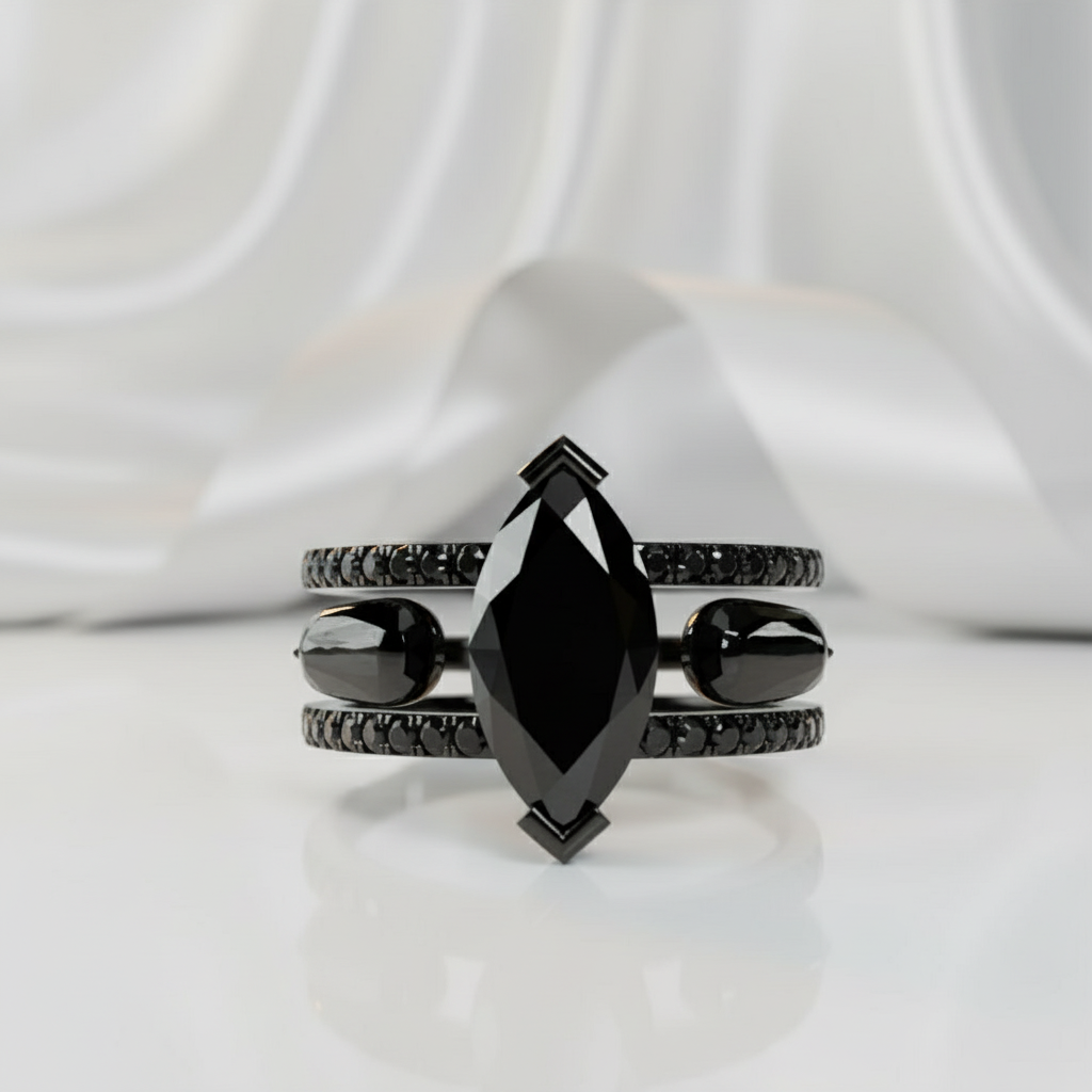 You & Me Rings- 14K Rose Gold Gothic Wedding Rings-Black Diamonds New York