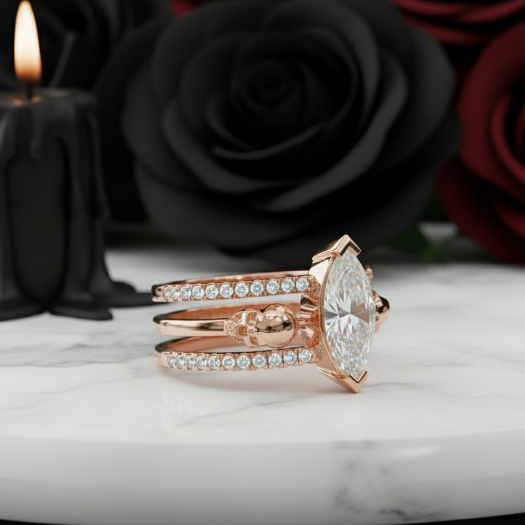 You & Me Rings- 14K Rose Gold Gothic Wedding Rings-Black Diamonds New York