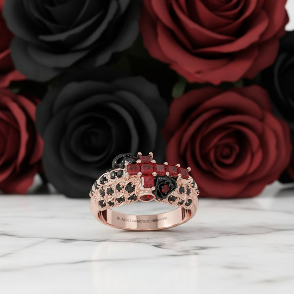 You're My Life- 14K Gold Skull, Cross Black Rose Diamond Gothic Promise Ring-Black Diamonds New York