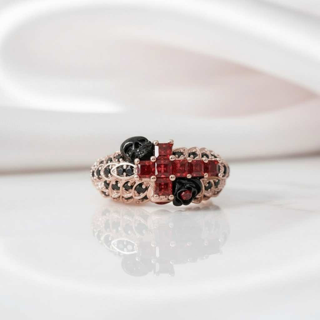 You're My Life- 14K Gold Skull, Cross Black Rose Diamond Gothic Promise Ring-Black Diamonds New York