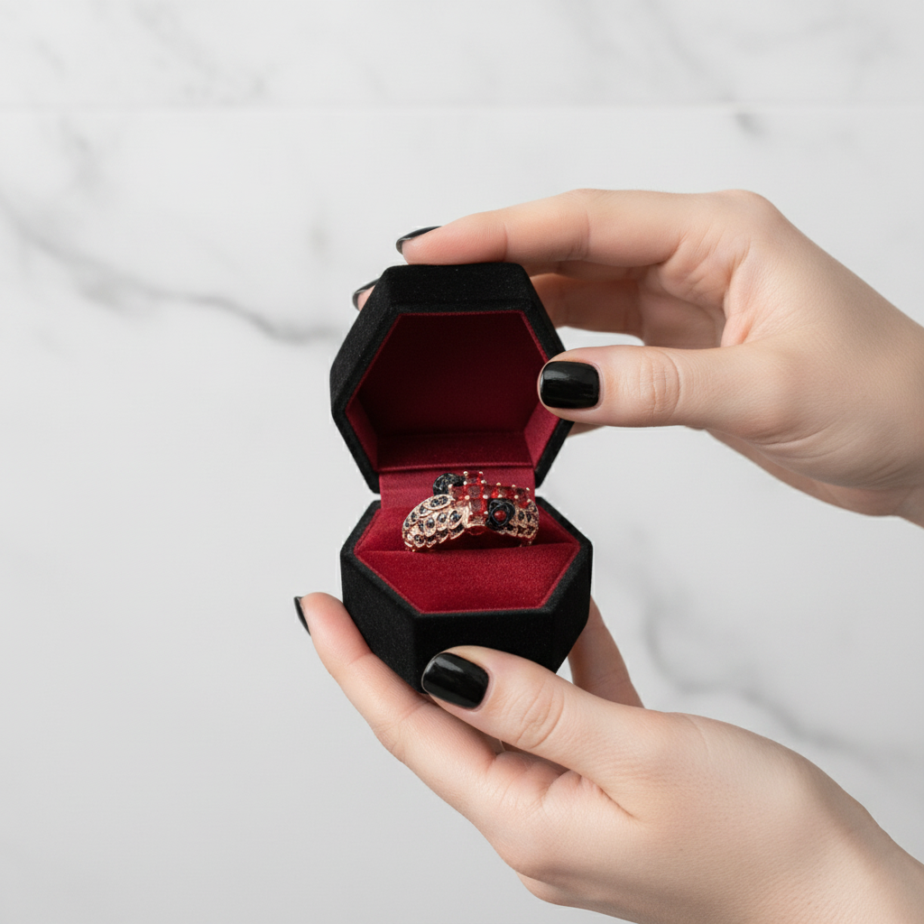 Person holding a black jewelry box with a red interior containing a ring.