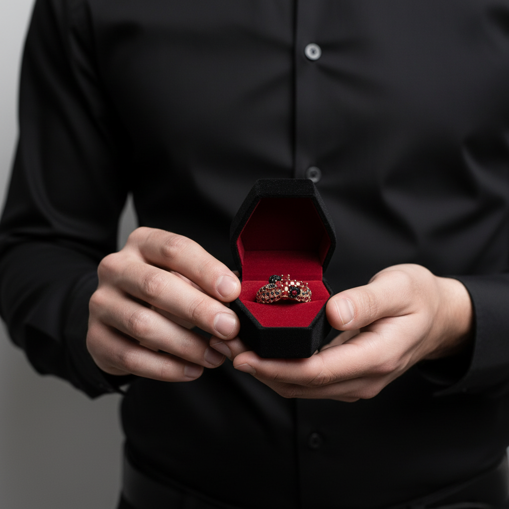 Person holding a black jewelry box with a red interior containing a ring.