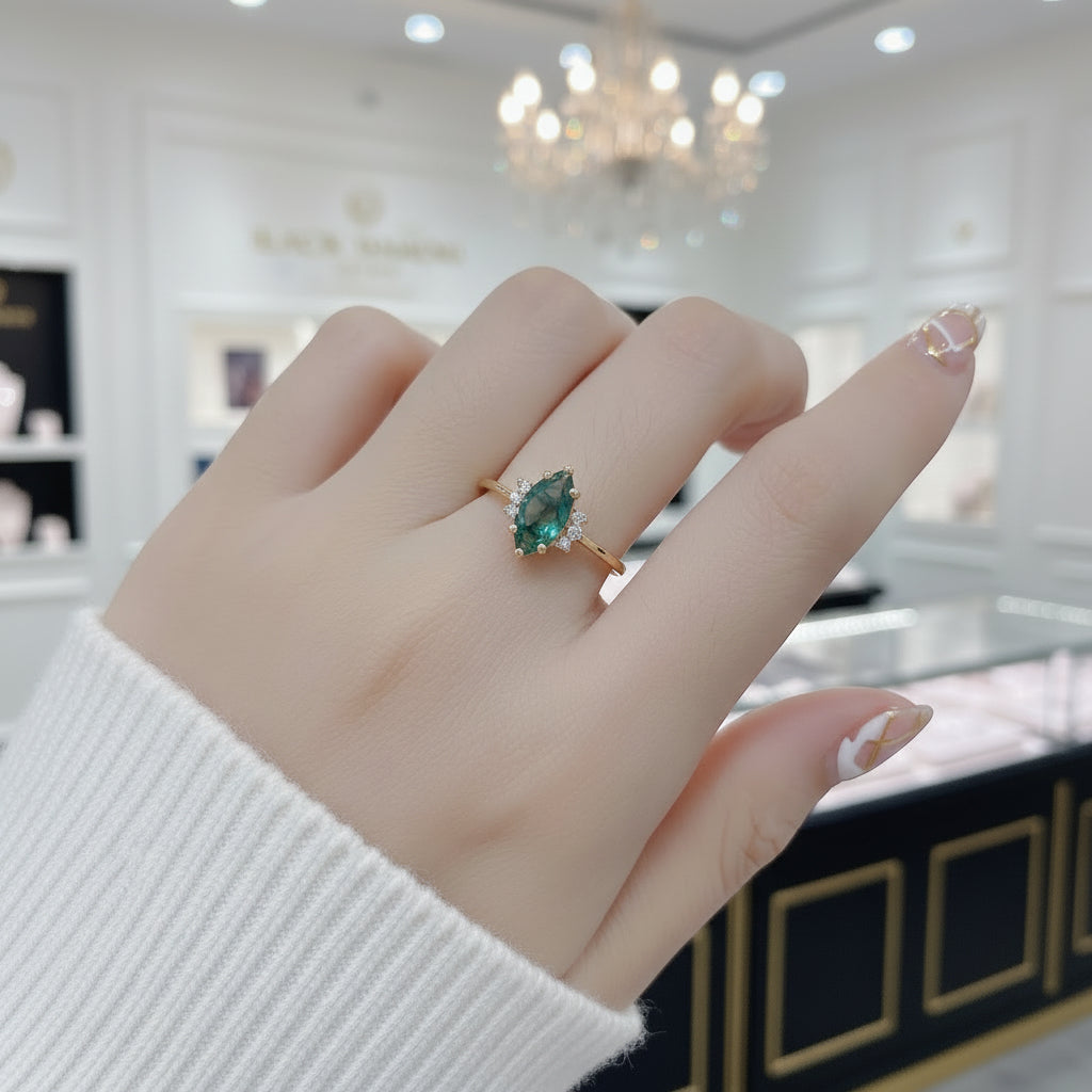 0.97 ctw Marquise Cut Art Deco Moss Agate Engagement Ring-Black Diamonds New York