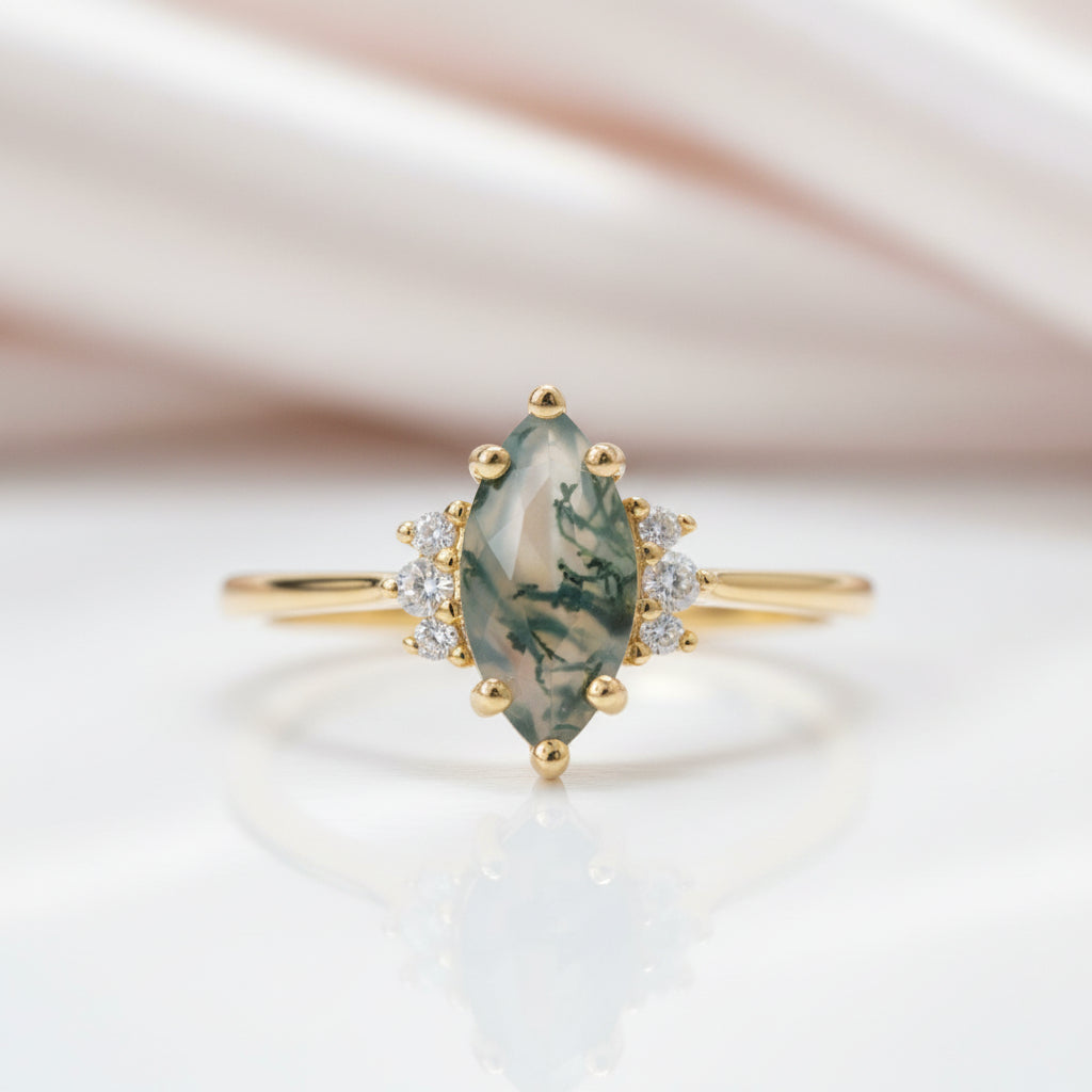 0.97 ctw Marquise Cut Art Deco Moss Agate Engagement Ring-Black Diamonds New York