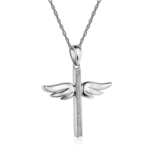 0.08 Ct Diamonds 14K Gold Angel Wing Cross Pendant Necklace-Black Diamonds New York