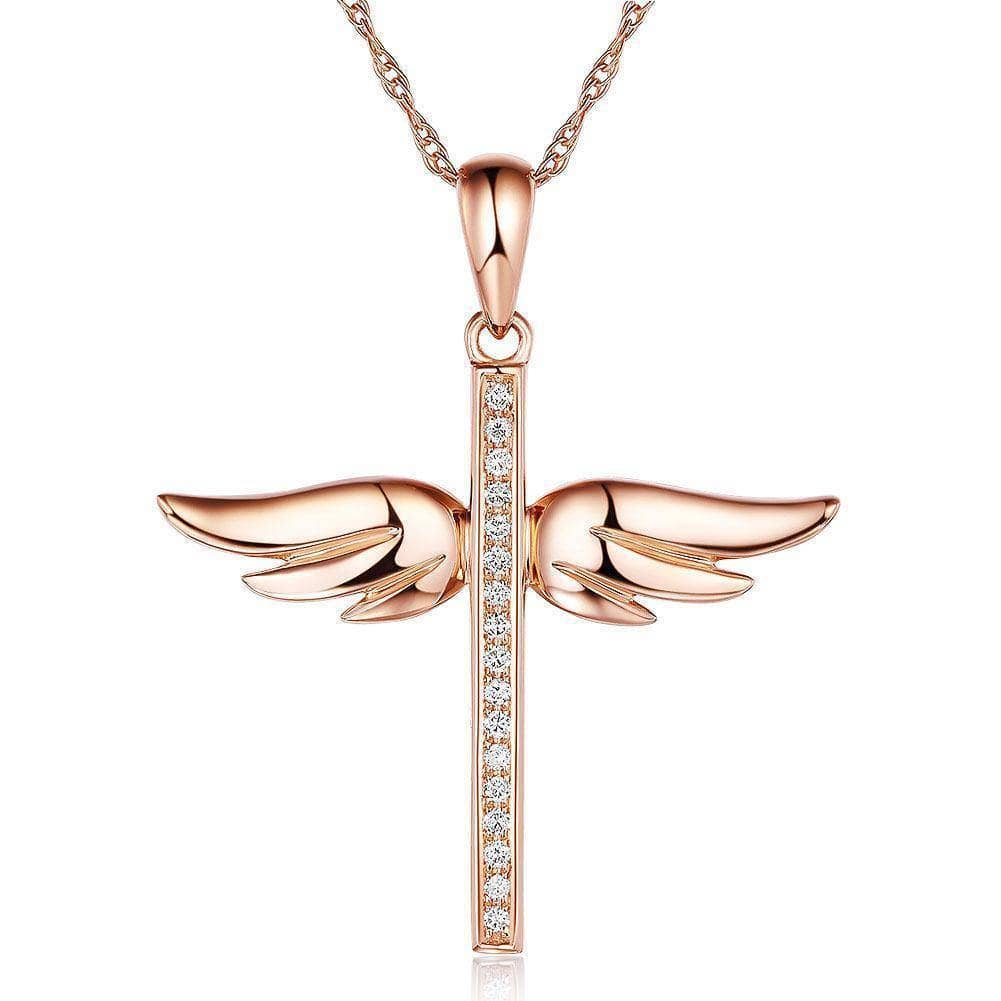 0.08 Ct Diamonds 14K Gold Angel Wing Cross Pendant Necklace - Black Diamonds New York