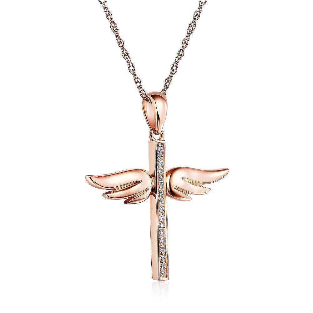 0.08 Ct Diamonds 14K Gold Angel Wing Cross Pendant Necklace - Black Diamonds New York