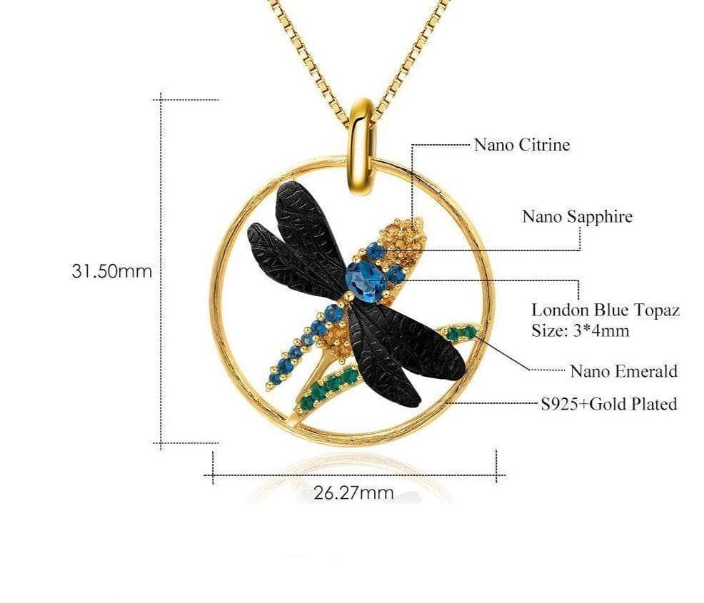 0.22Ct Natural London Blue Topaz Dragonfly Pendant Necklace-Black Diamonds New York